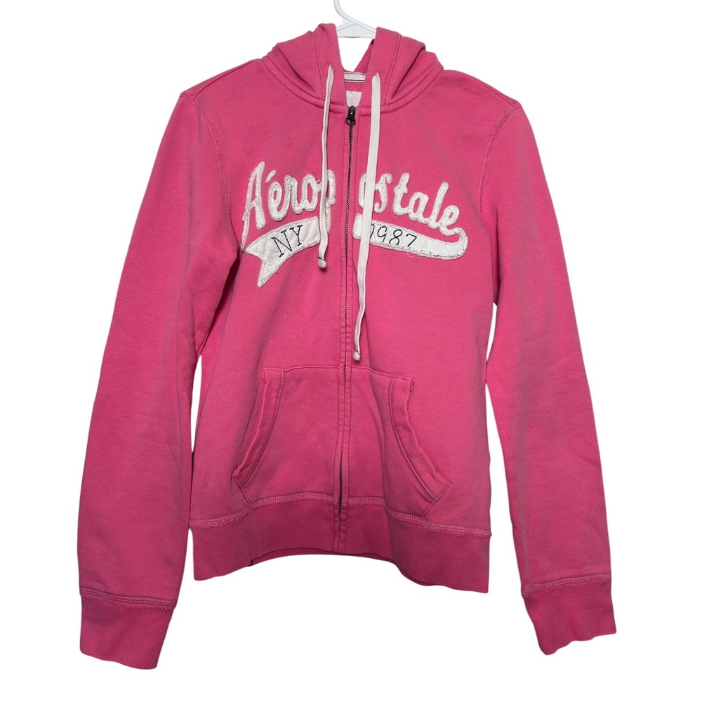 Y2K Aeropostale Womens Pink Full Zip Hoodie Logo Sweatshirt McBling‎ 2000s M